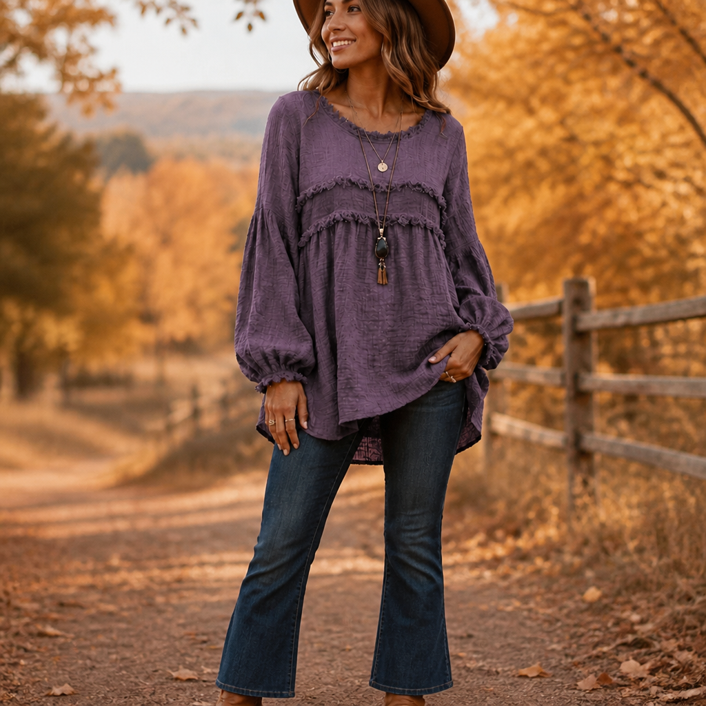 Wovella – Fringe-Trim Pleated-Sleeve Boho Blouse