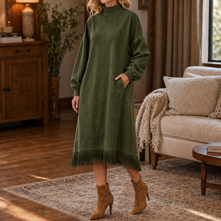 Tasselina – High-Neck Faux-Suede Tassel-Hem Dress