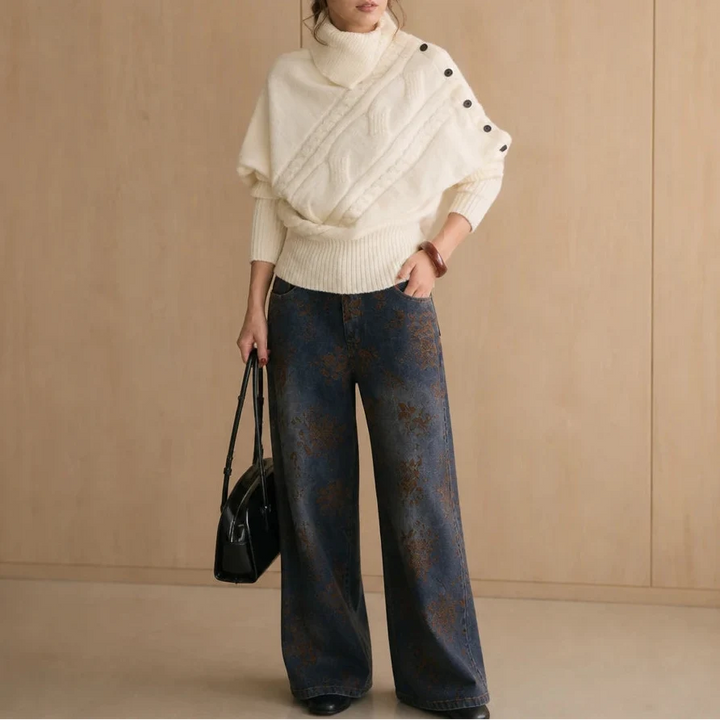 Cabledge – Diagonal Cable-Knit Button-Neck Sweater