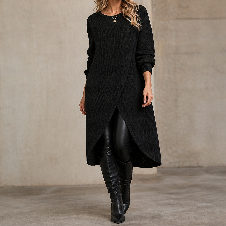 Wrapline – Asymmetric Wrap-Front Slit Hem Tunic Dress