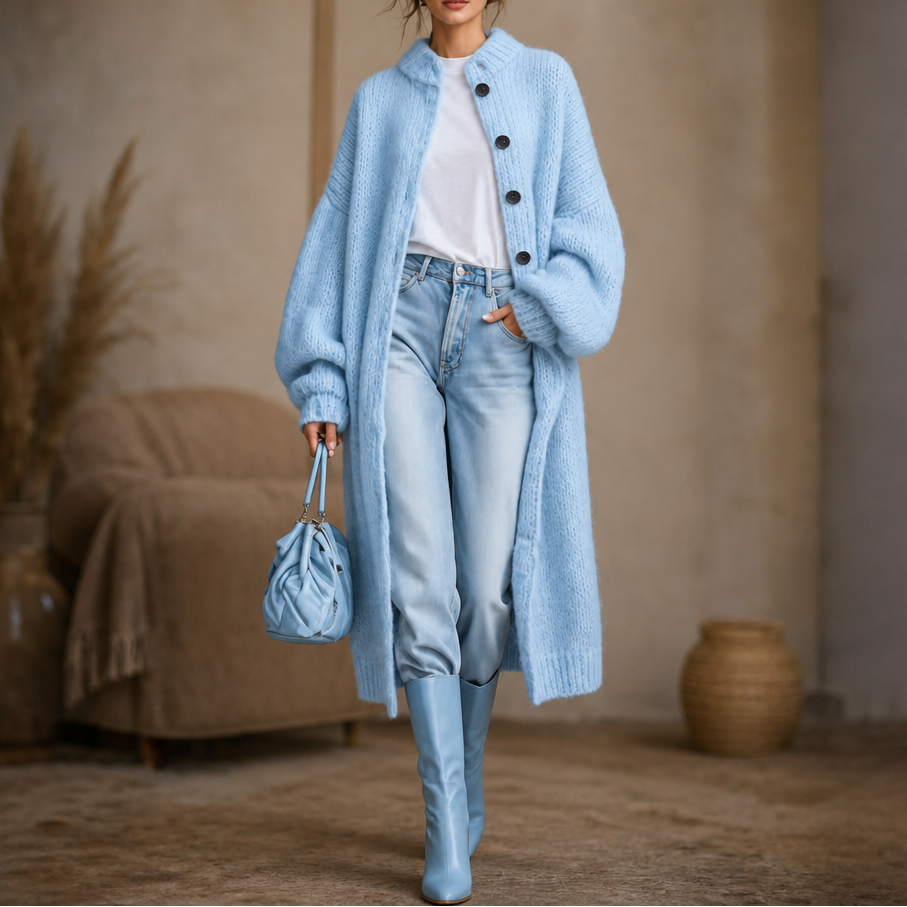 Wearbella – Chunky Knit Below-Knee Button-Front Sweater Coat
