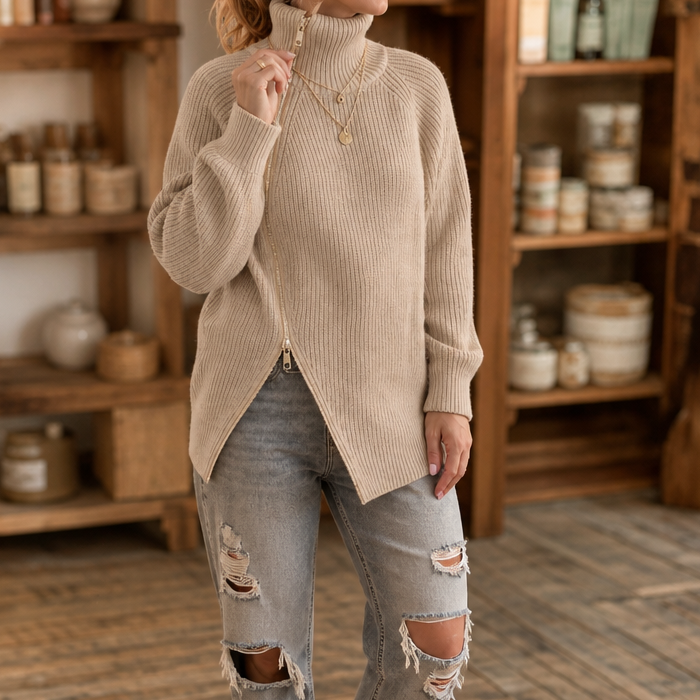 Wearbella – Asymmetric Zip Ribbed Knit Sweater