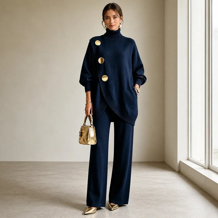 Mackenzie – Gold-Button Asymmetric Knit Two-Piece Set