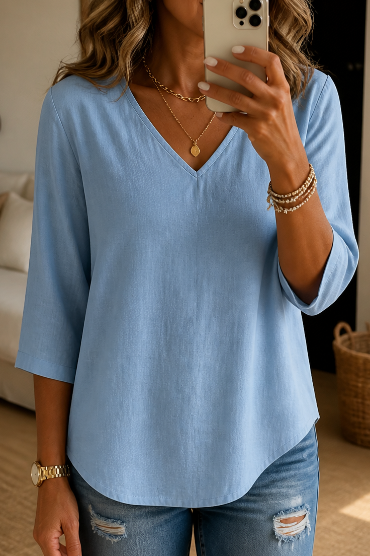 Easa – V-Neck Relaxed-Fit Three-Quarter Sleeve Blouse