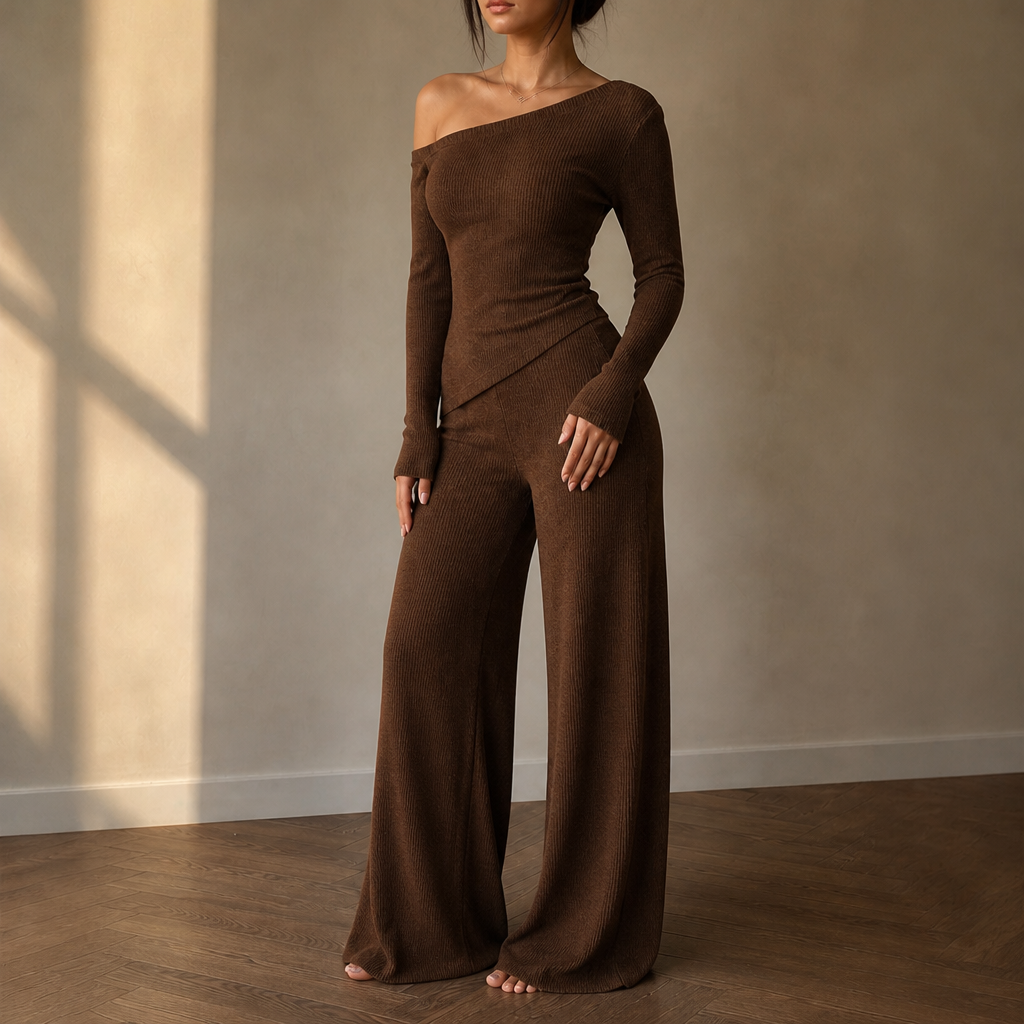Veloura – Off-Shoulder Long-Sleeve Wide-Leg Pants Set