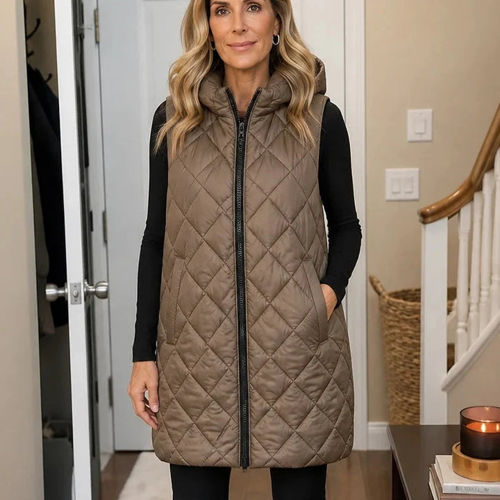 Quilted Muse – Quilted Hooded Mid-Length Vest