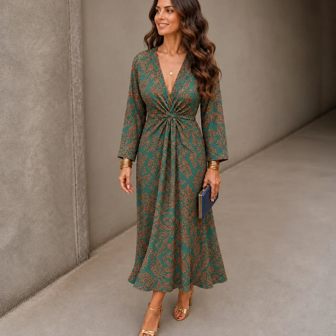 Isabella – V-Neck Fitted-Waist Printed Midi Dress