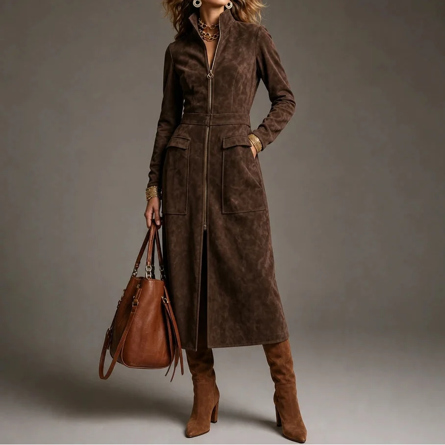 Velora – Fitted Stand-Collar Longline Coat