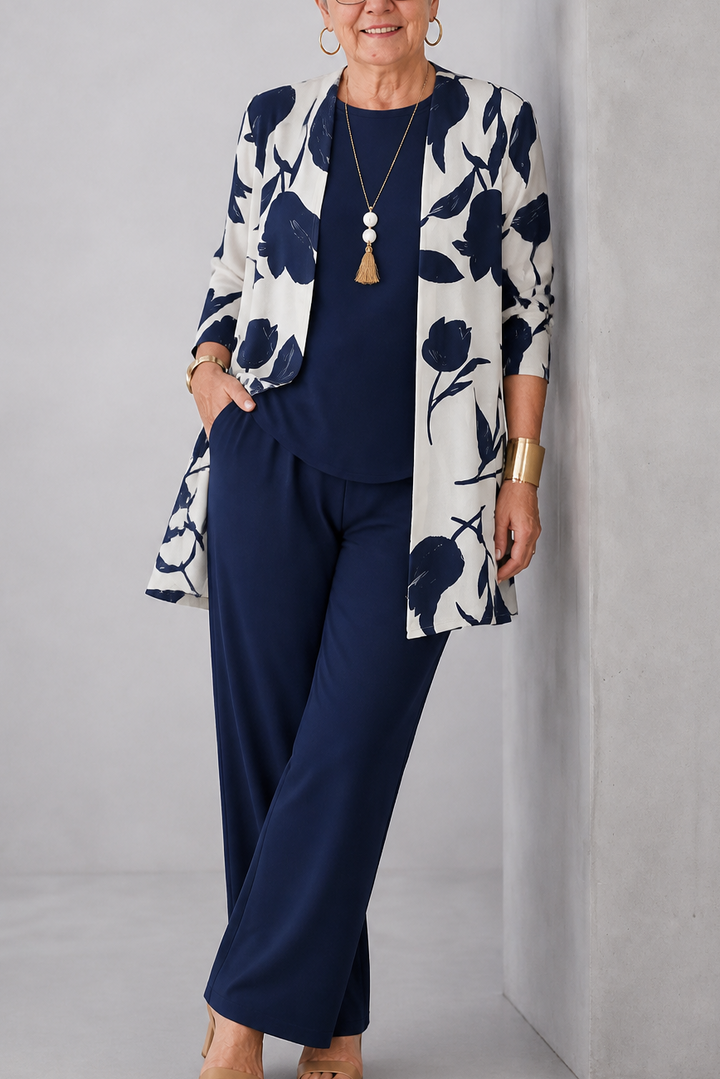Wearbella – Botanical Print Cardigan, Top And Pants Set