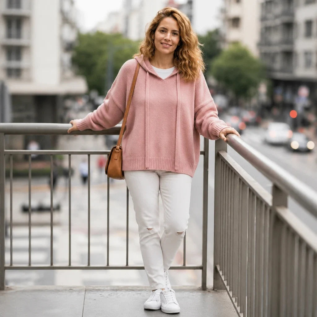 Easewell – Dropped Shoulder Knit Hoodie With Drawstring