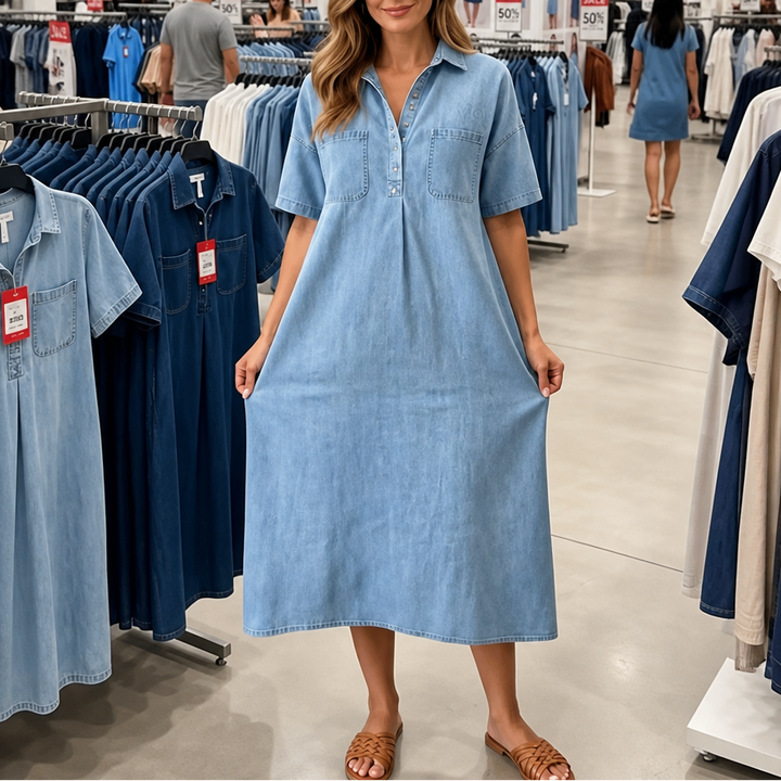 Denimly – Pocketed Shirt Collar Denim Midi Dress