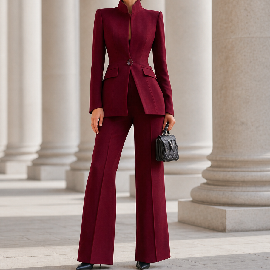 Wearbella – Stand Collar Peplum Blazer And Flare Pant Set