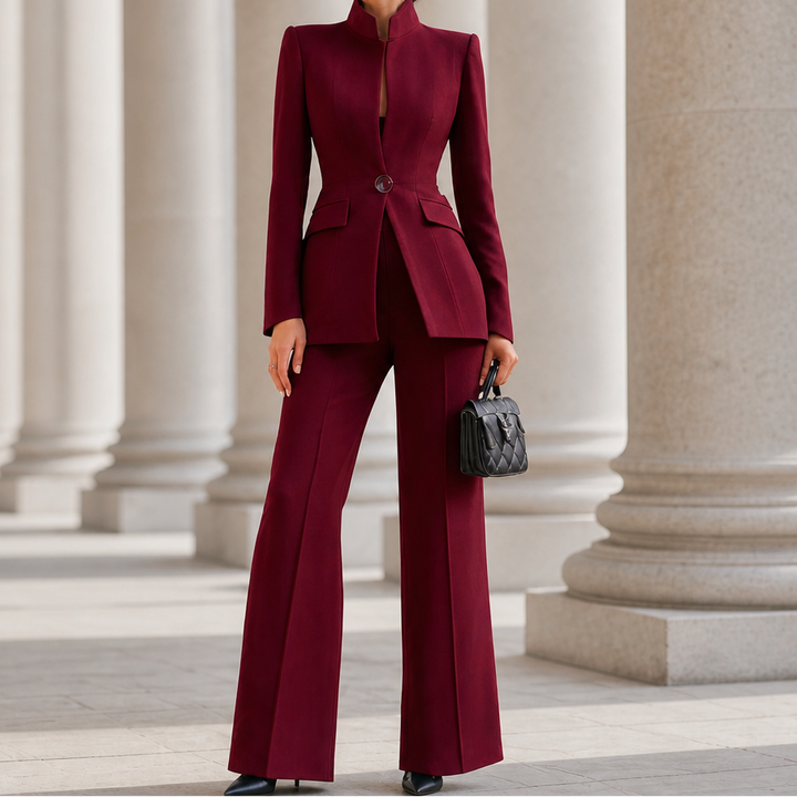 Wearbella – Stand Collar Peplum Blazer And Flare Pant Set