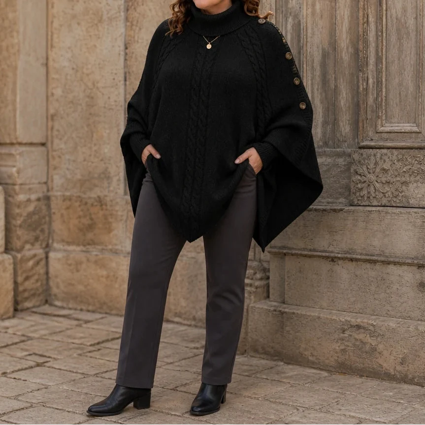 Cabelune – High-Neck Cable-Knit Cape Poncho Sweater