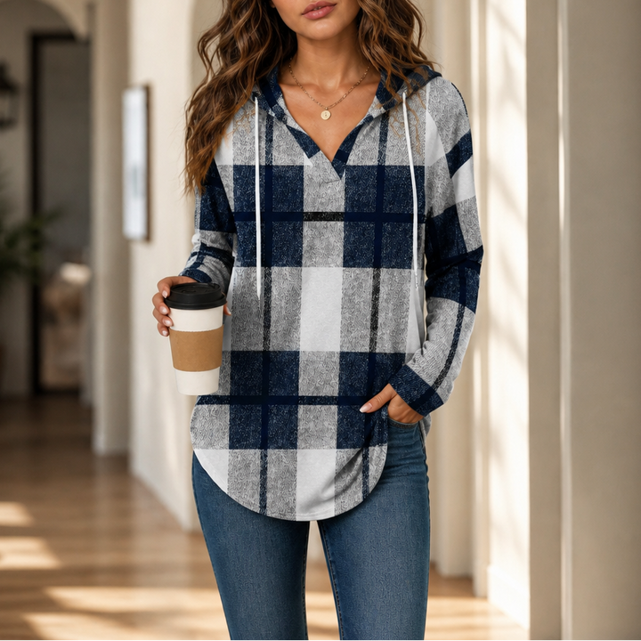 Plaidwell – Drawstring V-Neck Hooded Plaid Top