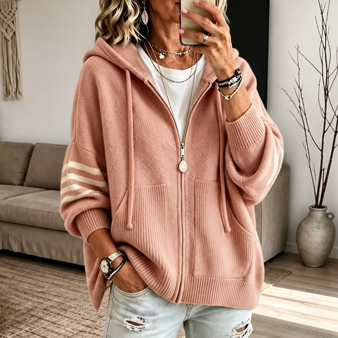 Wearbella – Striped-Sleeve Drop-Shoulder Zip Hoodie