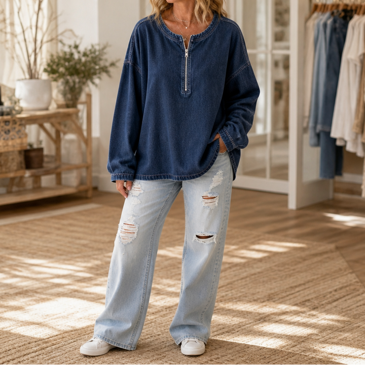 Deniva – Denim-Textured Half-Zip Pullover
