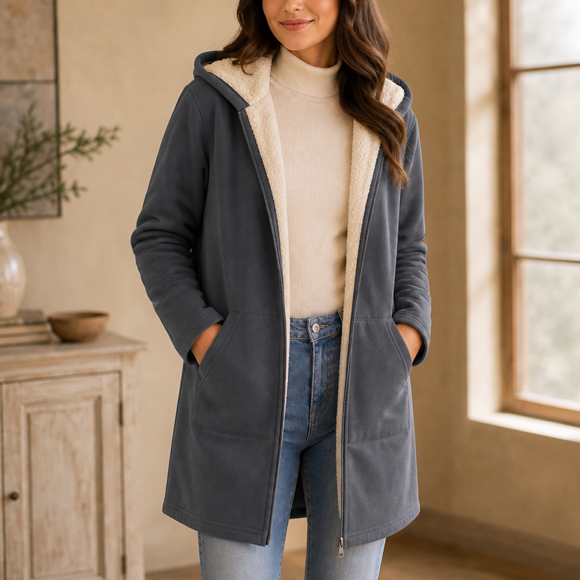 Cozelle – Fleece-Lined Look Hooded Mid-Length Jacket