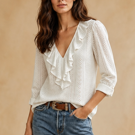Wearbella – Ruffle V-Neck Long Sleeve Blouse