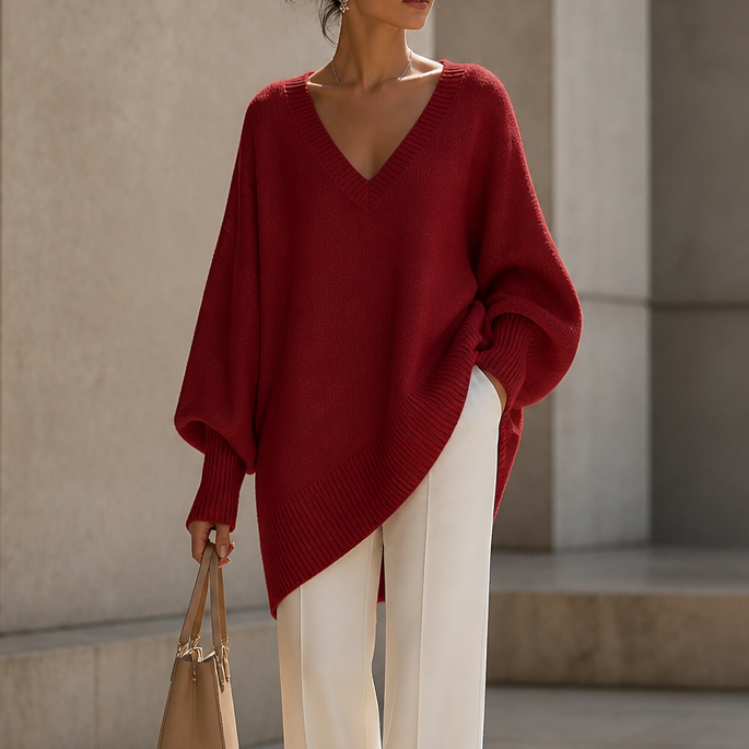 Vellora – Draped V-Neck Stretch-Knit Sweater