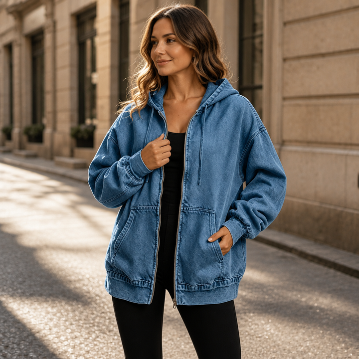 Denim Muse – Oversized Washed Denim Zip-Up Hoodie Jacket