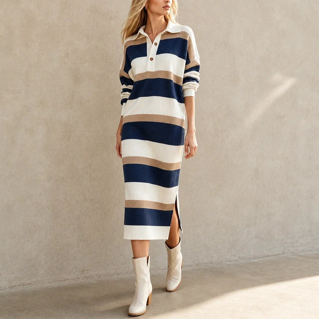 Collara – Striped Knit Polo-Collar Dress