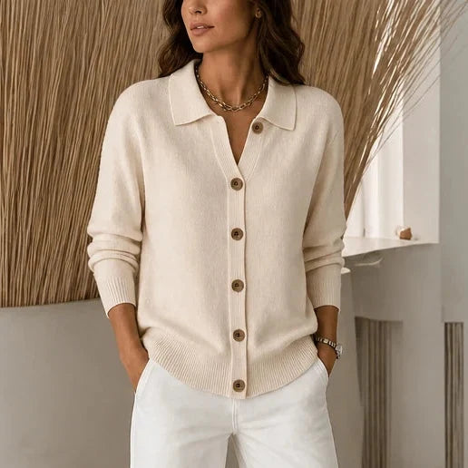 Collara – Turn-Down Collar Contrast-Button Knit Cardigan
