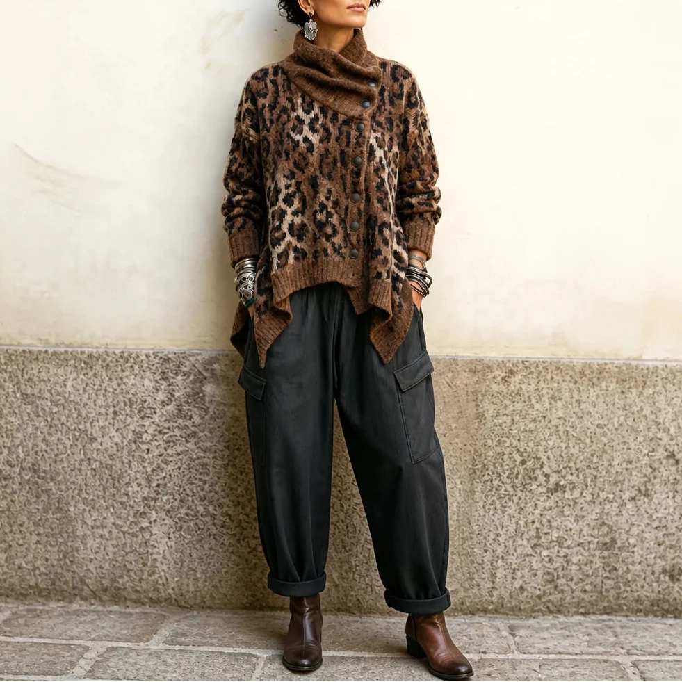 Velora – Asymmetric Draped High-Collar Knit Pullover