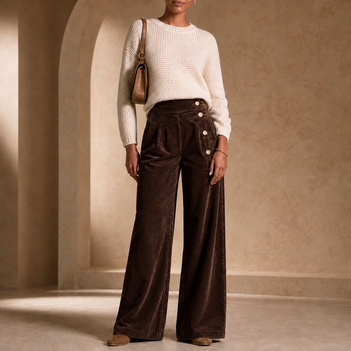 Cordelle – Asymmetrical Button-Front Pleated Wide-Leg Pants