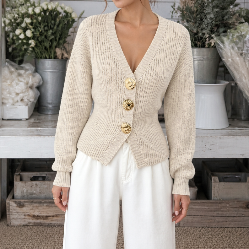 Veloura – Contrasting Hardware V-Neck Knit Cardigan
