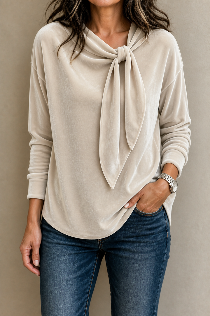 Tievelle – Velvet Tie-Neck Relaxed Blouse