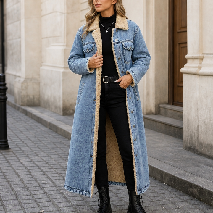 Denora – Sherpa-Lined Full-Length Denim Coat