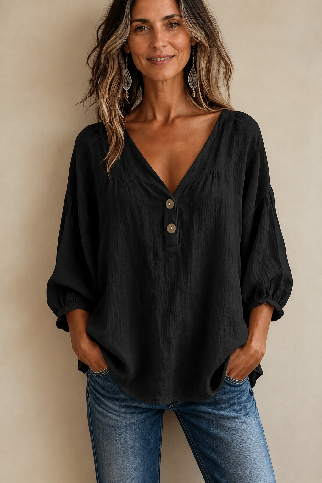 Lunelle – Loose V-Neck Linen-Look Blouse