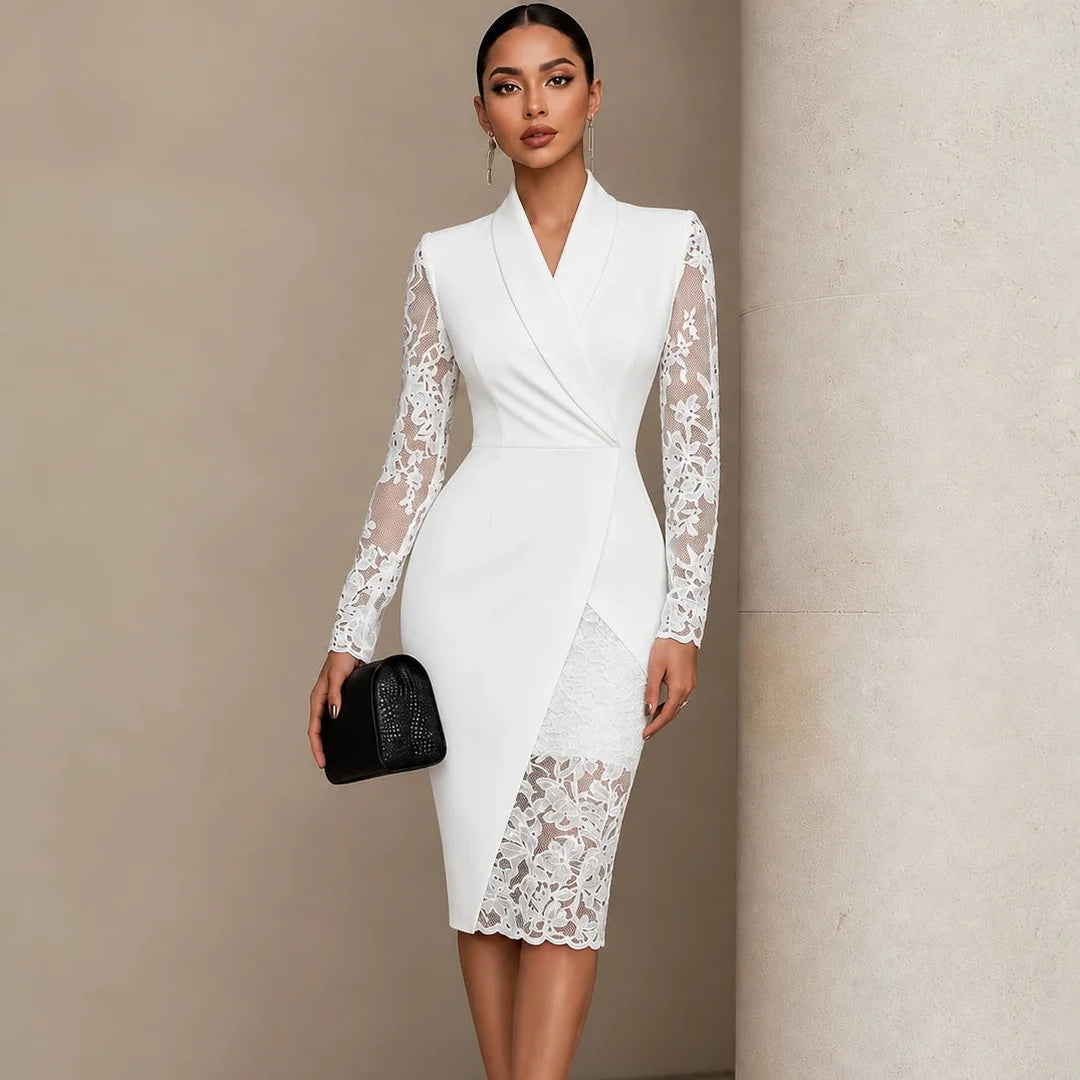 Belleform – Lace-Sleeve Blazer-Wrap Asymmetric Hem Dress