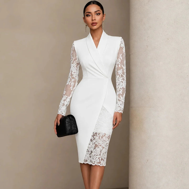 Belleform – Lace-Sleeve Blazer-Wrap Asymmetric Hem Dress