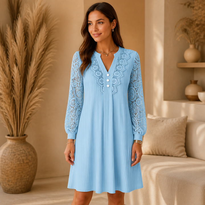 Vellora – V-Neck Lace Lantern-Sleeve A-Line Dress