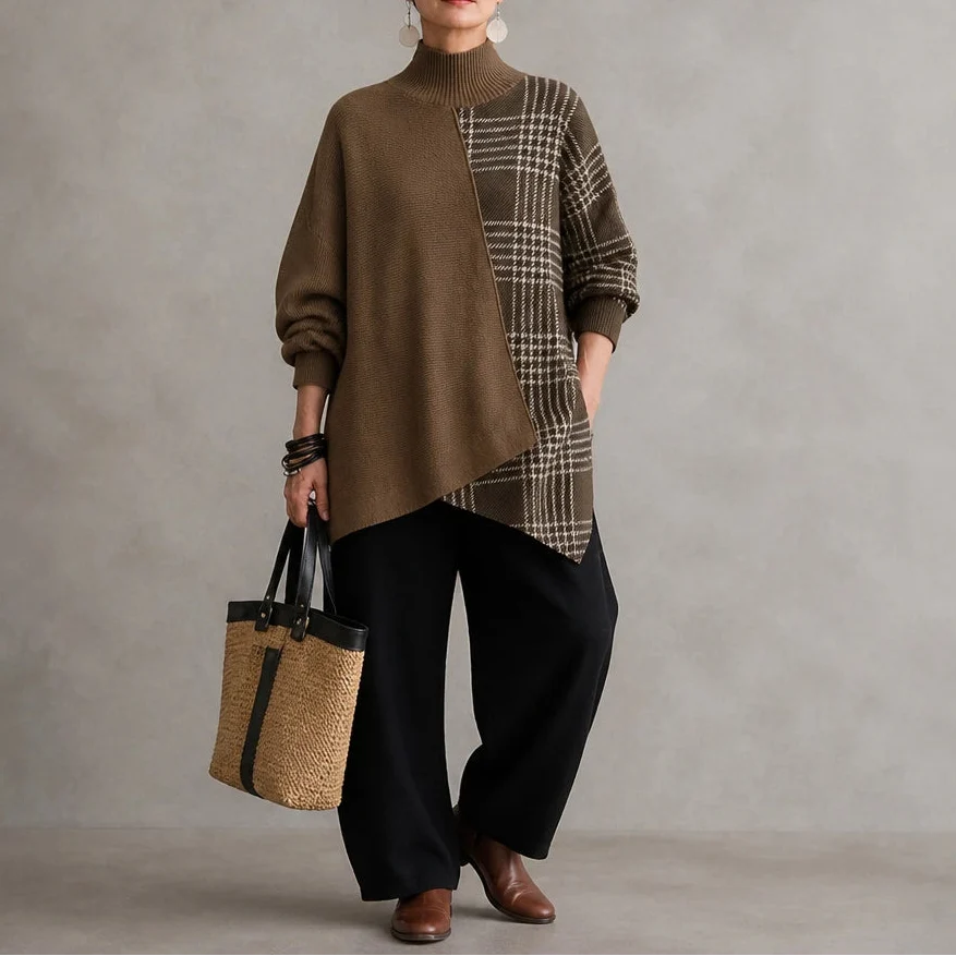 Plaidelle – Asymmetrical Plaid Panel Knit Sweater
