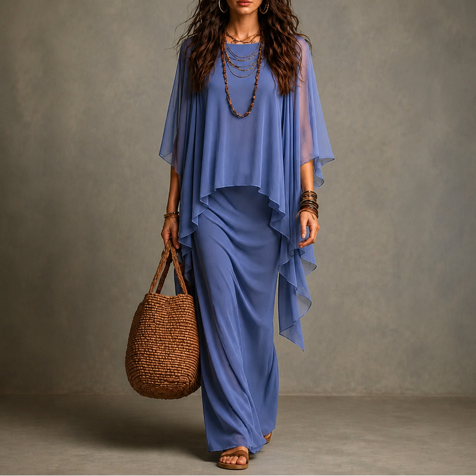 Draperie – Cape Sleeve Asymmetric Hem Maxi Dress