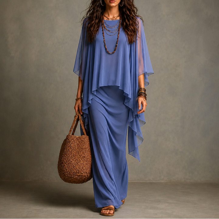 Draperie – Cape Sleeve Asymmetric Hem Maxi Dress