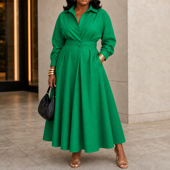 Everly Midi – Belted Long-Sleeve Collared Midi Dress