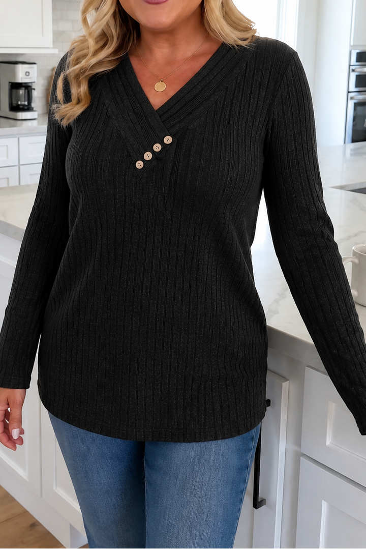 Marlowe & Rib – Ribbed V-Neck Button-Detail Sweater