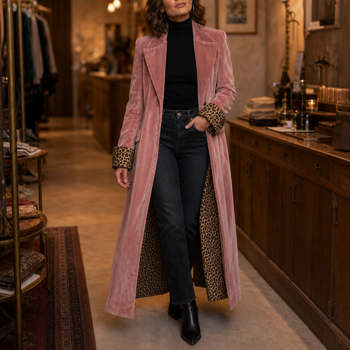 Velmora – Leopard-Lined Velvet Maxi Coat
