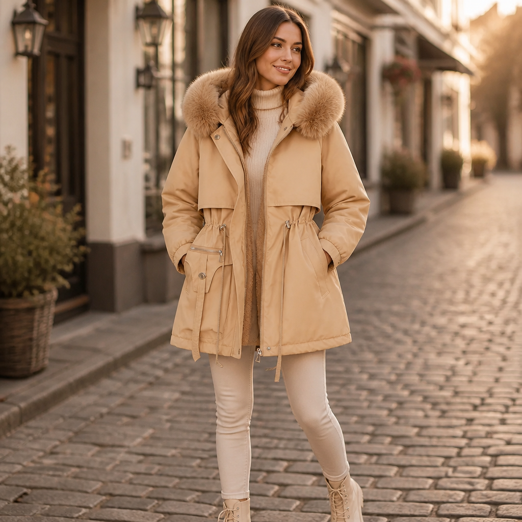 Veluxe – Fur-Trim Waist-Cinch Quilted Parka