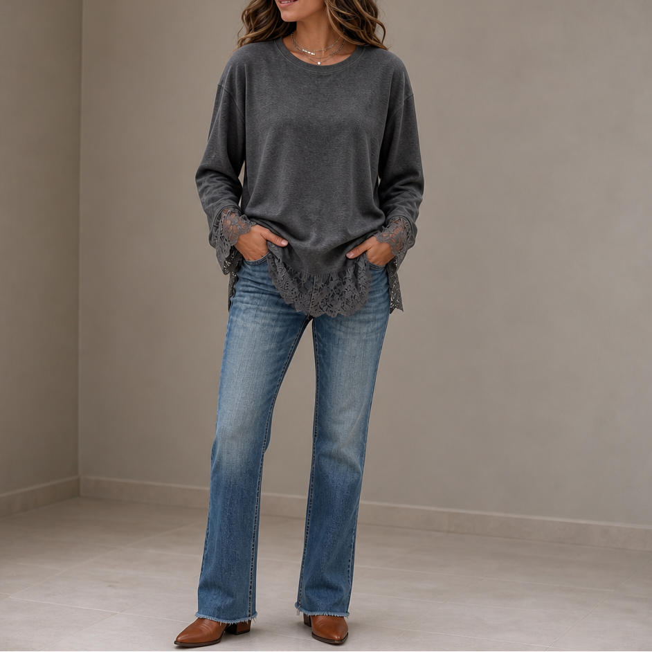 Lacewell – Sheer Lace Neckline Long-Sleeve Top