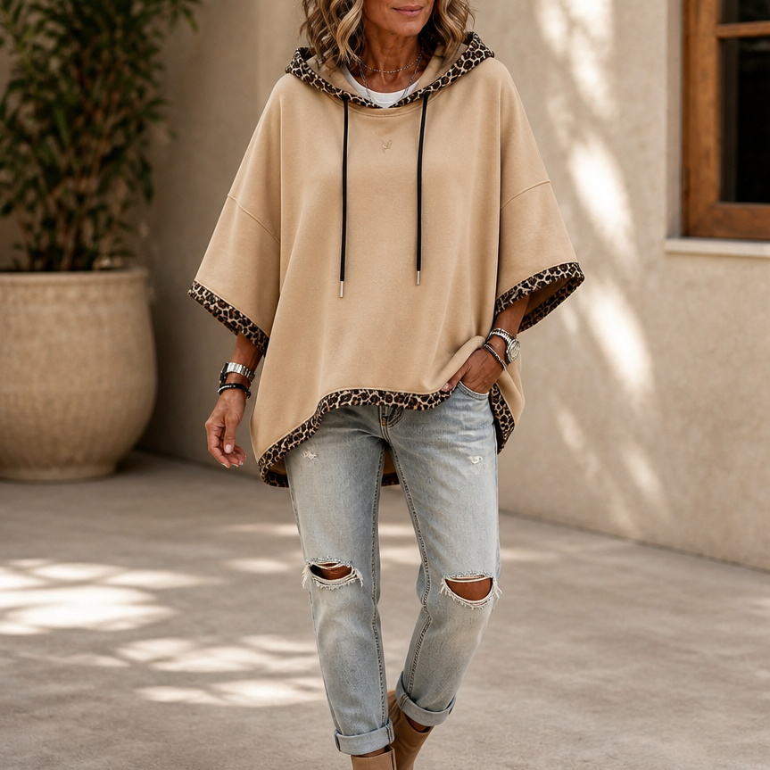 Wildelle – Leopard Trim Wide Sleeve Off-Shoulder Hoodie