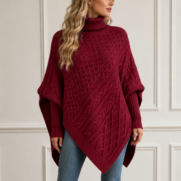 Cablelle – Asymmetric Cable-Knit Turtleneck Poncho