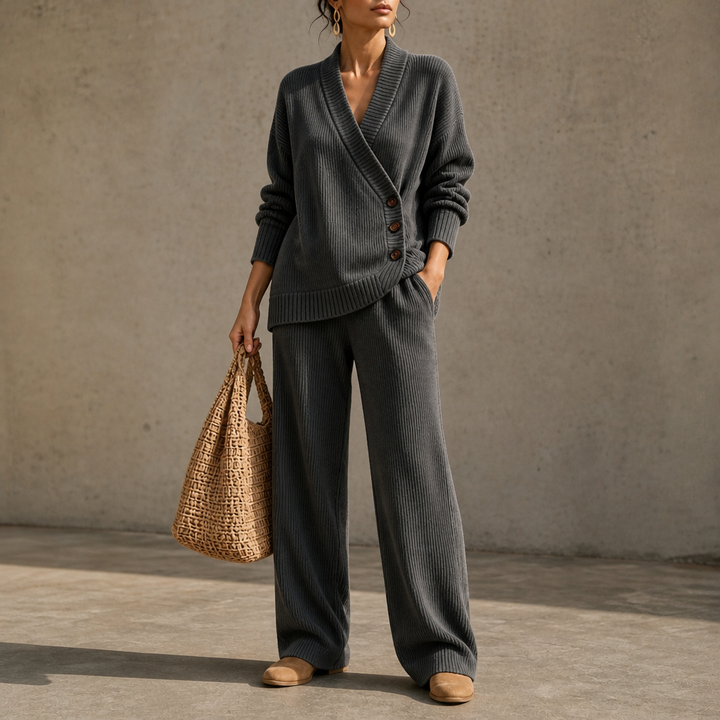 Olivea – Ribbed Wrap Top And Wide-Leg Pants Set