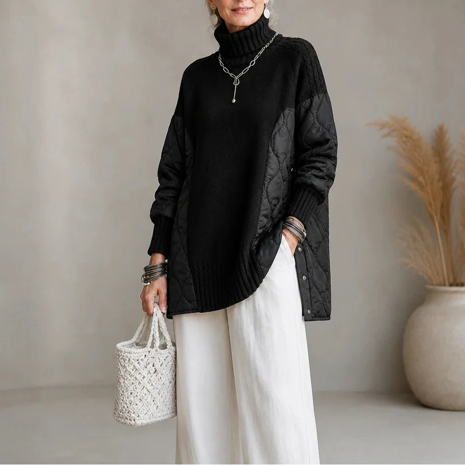 Quilted Haven – Quilted Panel Turtleneck Pullover