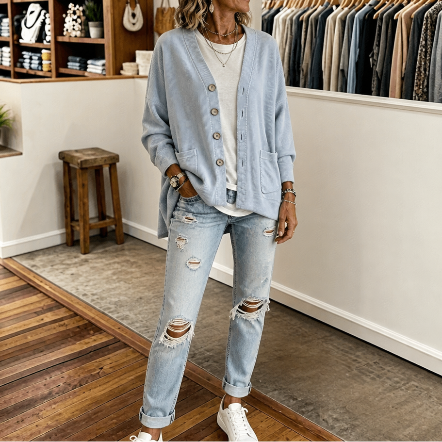 Corduvale – Vertical-Wale Corduroy Open-Front Cardigan