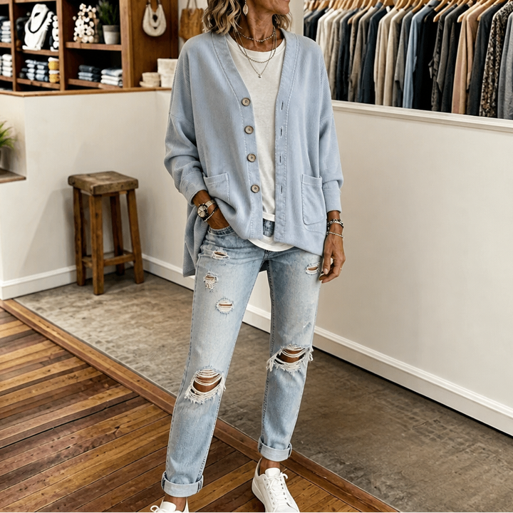 Corduvale – Vertical-Wale Corduroy Open-Front Cardigan